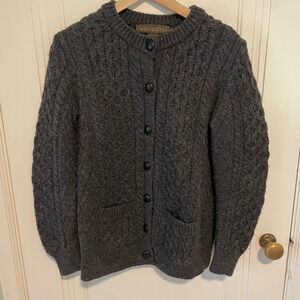 Inis Crafts Merino Wool Irish Fisherman Knit Cardigan Sweater Large Gray